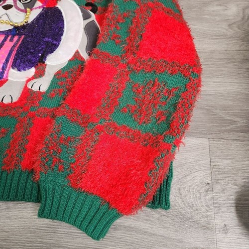 Holiday Time Red Sweater Size M French Bulldog Checkered Snowflakes Oversized - Picture 7 of 12
