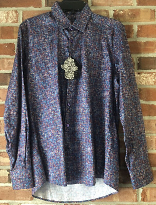 Visconti Black Woven Button up Shirt Men's SZ S Multicolor Geo Print NWT