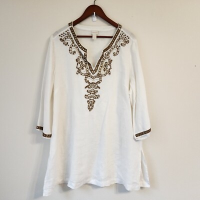 Chicos Women Tunic Top Embellished Beaded 100% Linen V Neck 3/4 Slv Side  Slit | eBay