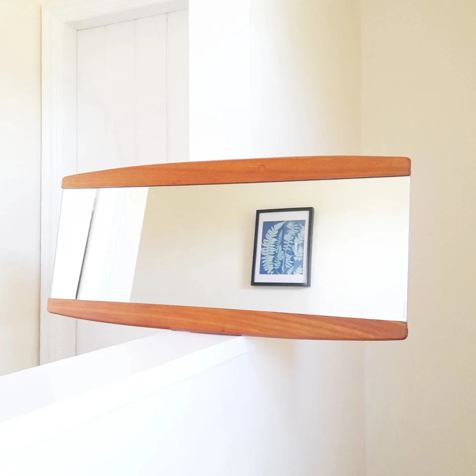 70s Vintage Teak Framed Wall Mirror Portrait or Landscape Danish Scandi 31 x 14" - Image 3 of 4