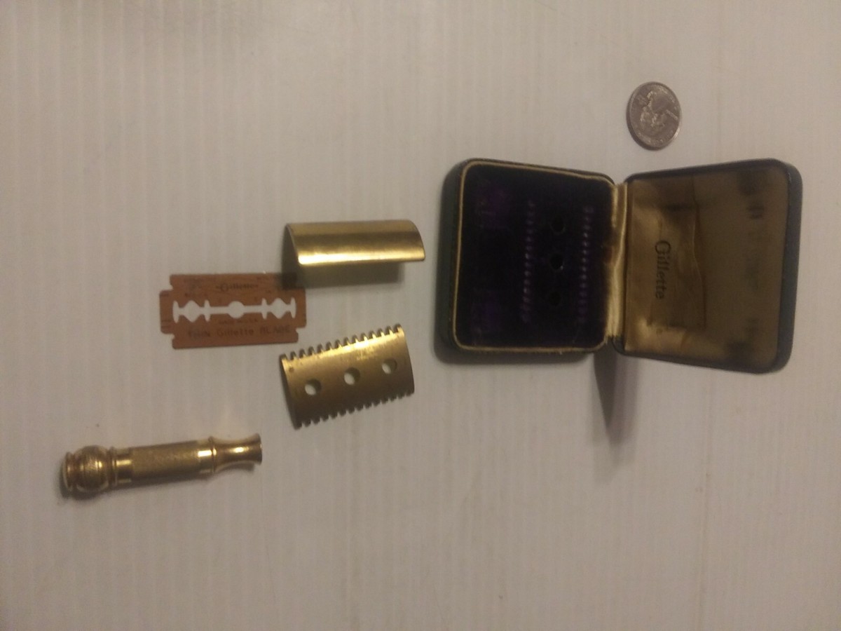 Vintage Gillette Travel Safety Razor Small Gold Tone 2 Inch Handle