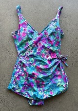 Vintage Gabar Floral Blue Nylon Blend One Piece Bathing Suit Swimsuit Size 10