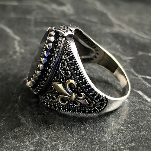 Men's Oval Black Onyx Gemstone Silver Ring, Silver French Signet Royal Men Ring - Picture 4 of 9