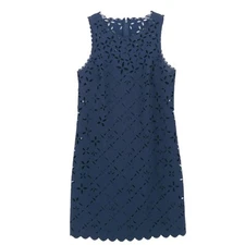 J. CREW Navy Blue Laser Cut Floral Eyelet Shift Dress Style B8789 Size 0