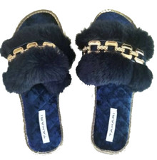 TAHARI Womans MARELA Saphire Blue Faux Fur Chain Slippers US 7 M NWT SUPER COZY
