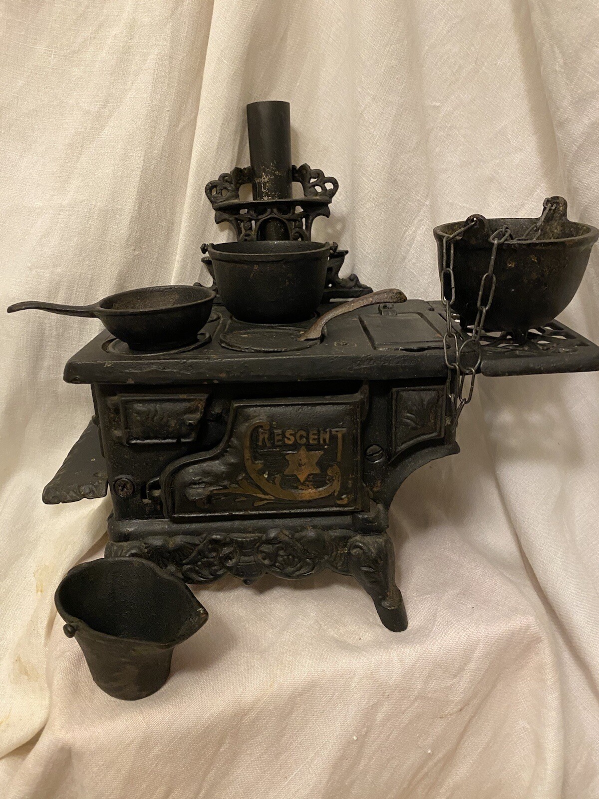 Antique CRESCENT STAR Toy Salesman's Sample Cast Iron Stove and Pots u0026amp;  Pans | eBay