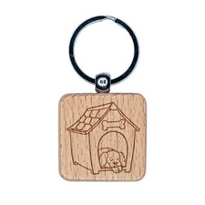 Dog Resting in Dog House Engraved Wood Square Keychain Tag Charm
