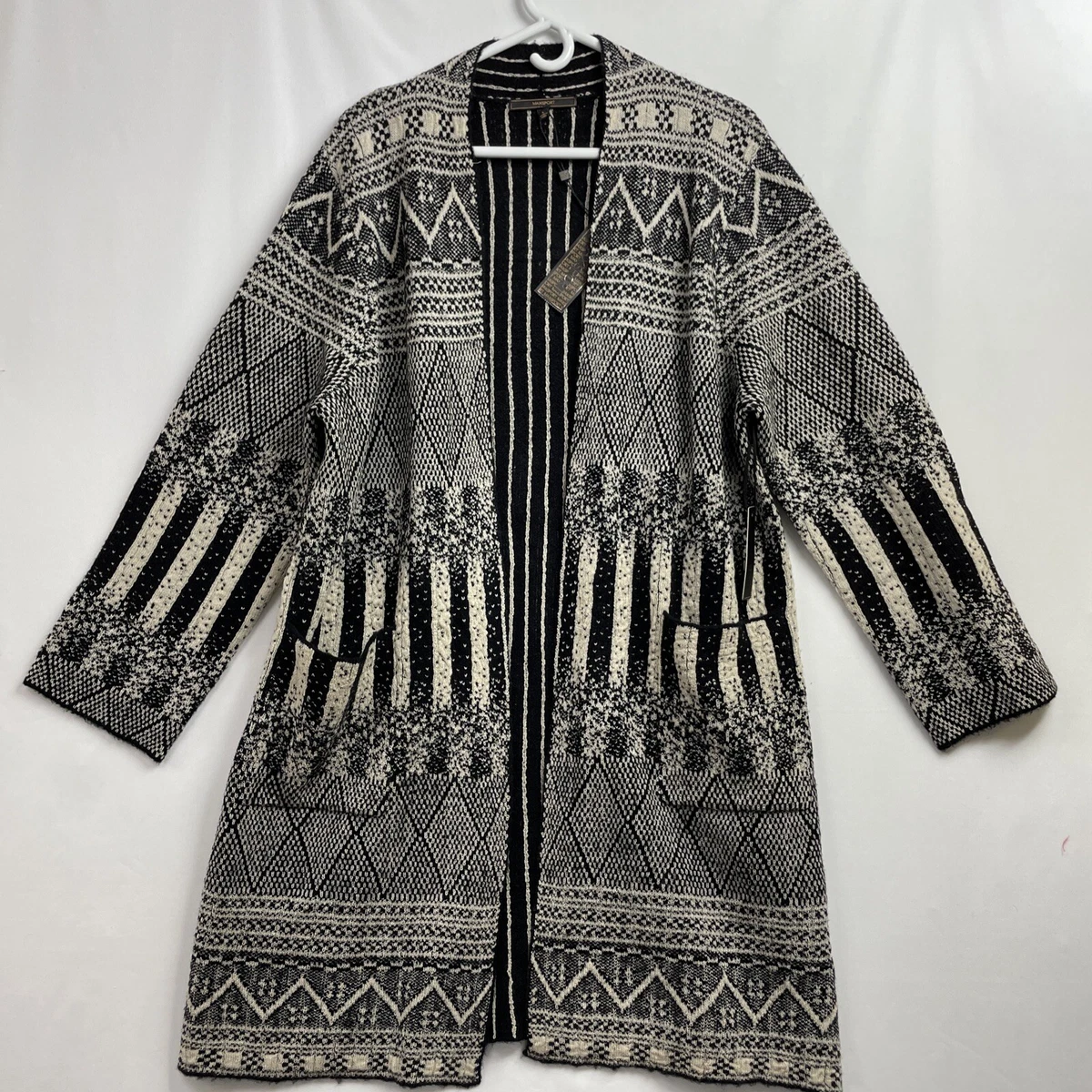 Max Sport Womens Large Sweater Coat Long Cardigan Black Beige