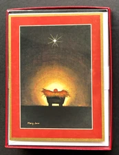 Box of 15 Caspari Christmas Cards Baby Jesus Manger Nativity Gold Foil Religious