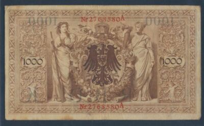 Deutsches Reich Banknote 1.000 Mark 1910 – Rosenberg 45c, Rotes Siegel, Serie A, Gebraucht | Sammlerbanknote
