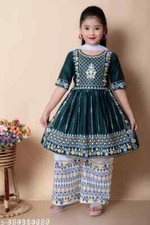 Indian Kids Traditional Nayra Cut Kurti Palazzo Dupatta Trendy set for Girls