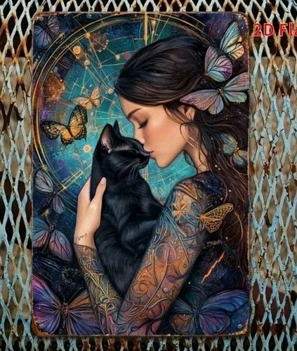 Vintage Gothic Black Cat Lady Butterfly Fantasy Art Metal Tin Sign Wall Decor