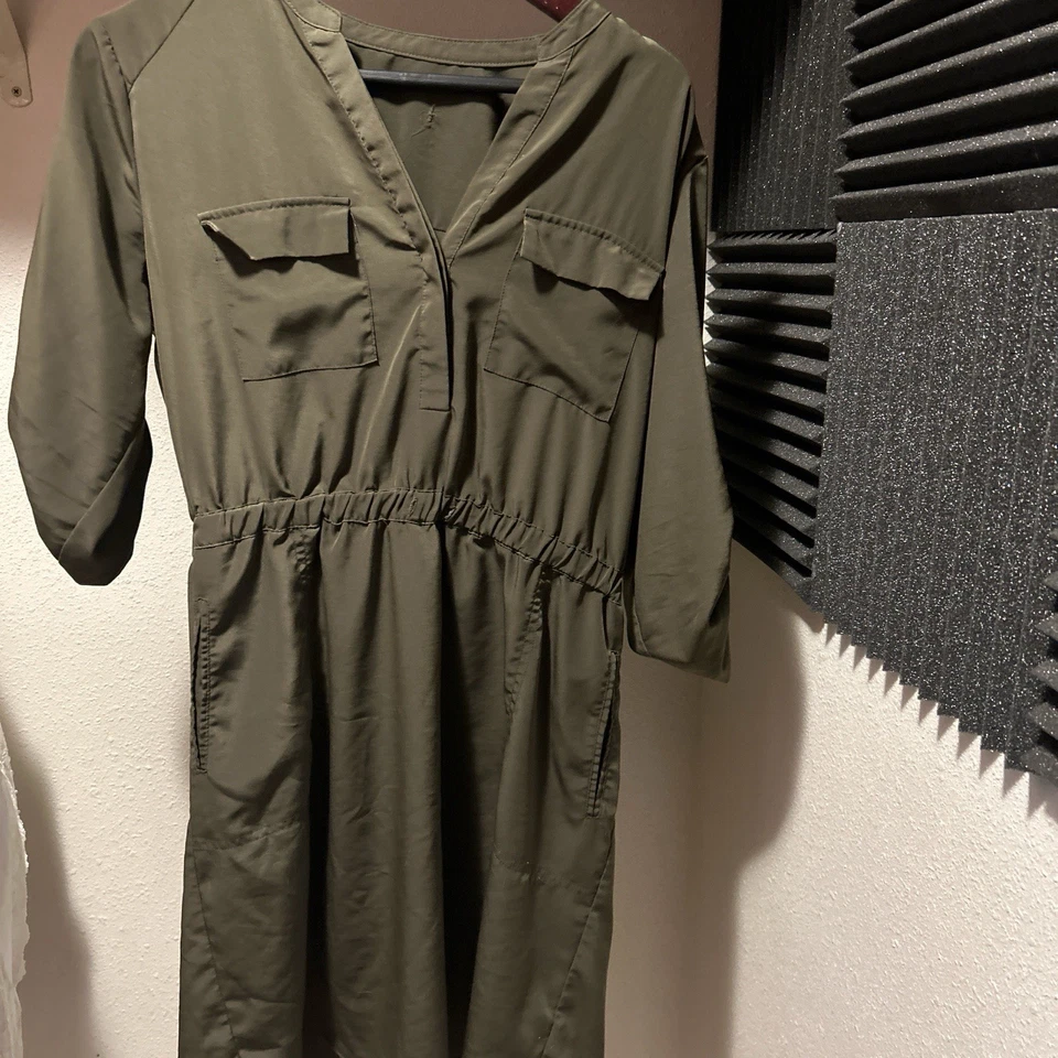 Vestido Camisa Mossimo Para Mujer P/S Verde Roll Tab Slv Elástico Cintura Cinturón, Hermoso Foto 2 de 4