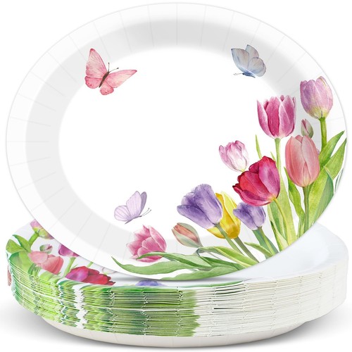 50 Count Spring Summer Tulip Oval Plates Tulip Flower Party Disposable Plates...