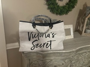 Victoria’s Secret Large Canvas Angel Tote Bag Black White Chain Shoulder Bag New