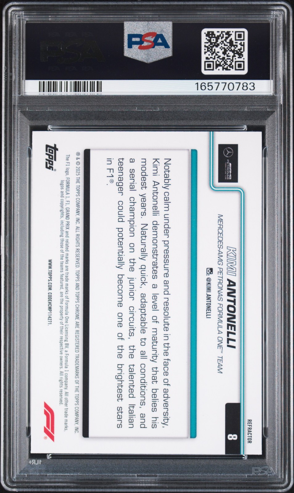 2025 TOPPS CHROME FORMULA 1 REFRACTOR #8 KIMI ANTONELLI ROOKIE RC PSA 9 view 2