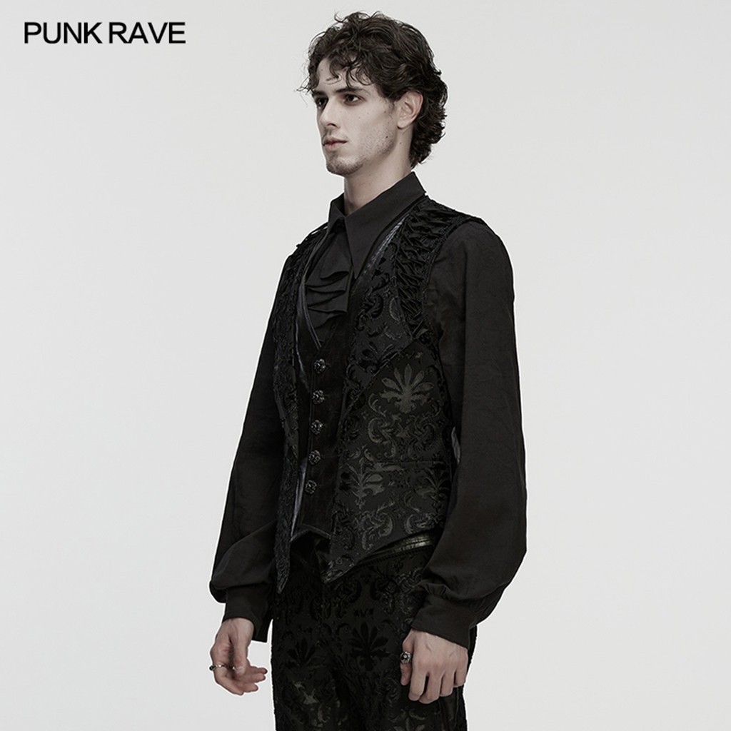 Punk Rave Men Black Gothic Retro Palace Embroidered Vest Elegant Waistcoat image 2
