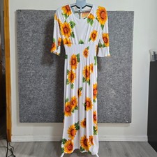 Seven Islands Women White Sunflower Smocked Bell Sleeve Maxi Dress 2X