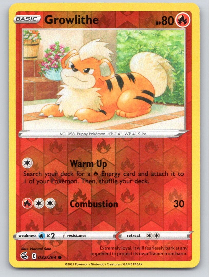 POKEMON GROWLITHE FUSION STRIKE 032/264 REVERSE HOLO COMMON LP A46449 FREE S&H
