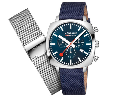 Mondaine Swiss Made Chronograph 41mm Blue Dial Cushion Sapphire Crystal Watch