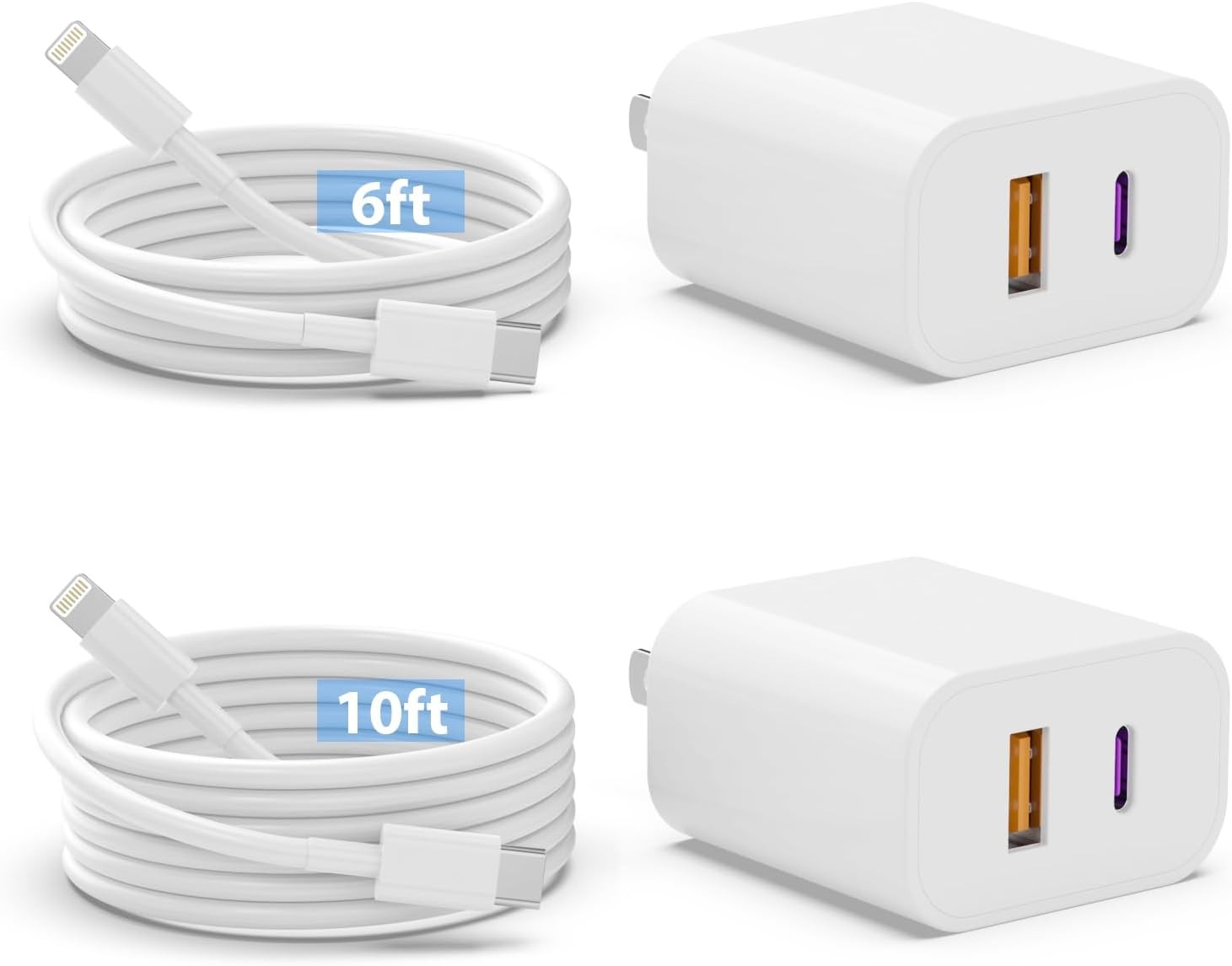 20W Dual Port USB C Fast Charger for iPhone with 6FT & 10FT White Cables (2-Pack)-image