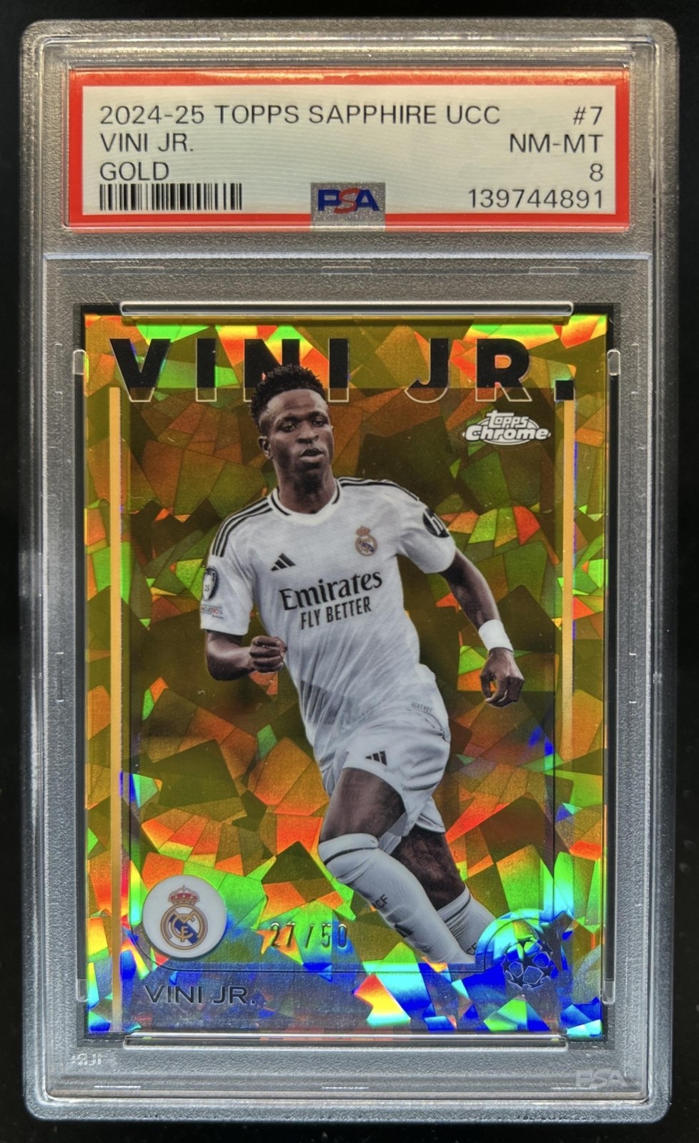 2024-25 Topps Chrome Sapphire UEFA Vini Jr. Gold #/50 Real Madrid PSA 8 view 1