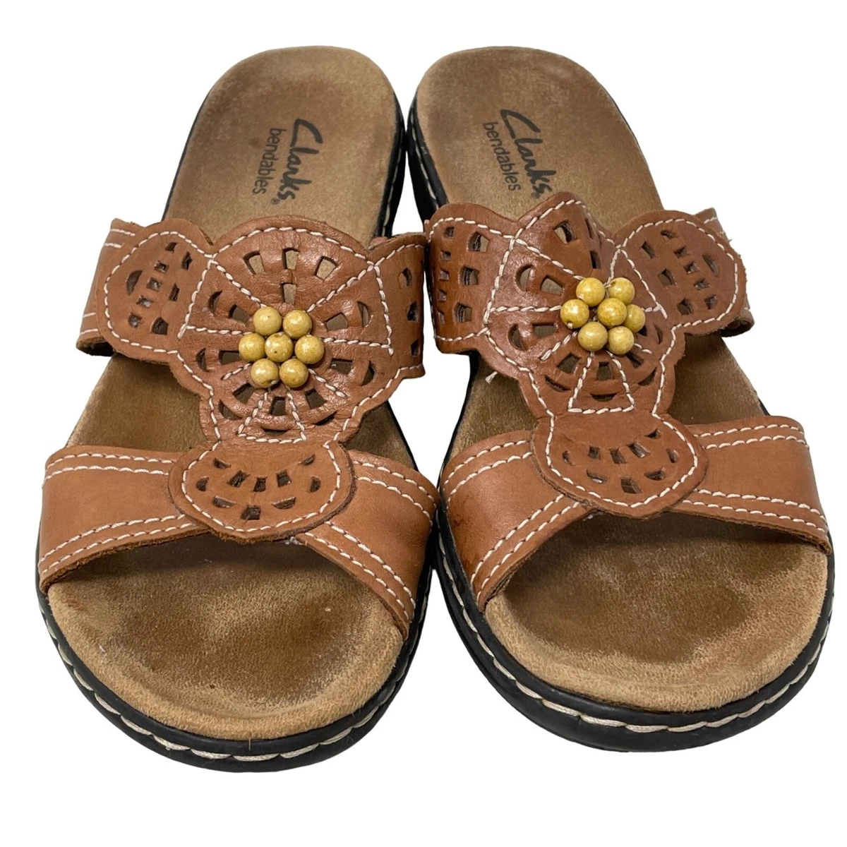 Clarks Bendables Leisa Lolly Sandal Open Toe Tan Leather Slides Women s 6.5