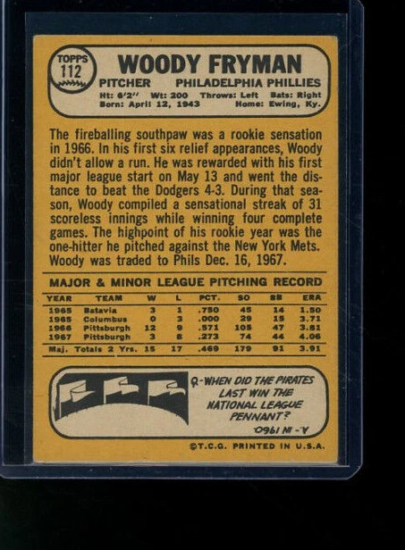 1968 Topps Baseball # 112 Woody Fryman Philadelphia Phillies  - Image 2 of 2