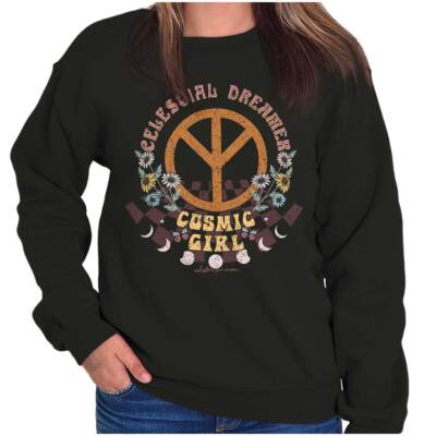 Cosmic Girl Celestial Dreaming Peace Sign Womens Crewneck Sweatshirt Pullover