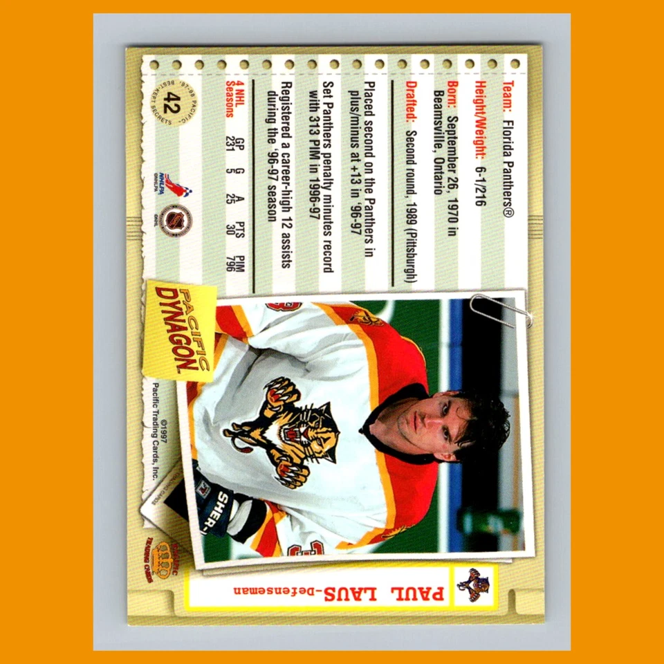 Paul Laus #42 1997 Pacific Dynagon Best Kept Secrets Florida Panthers Hockey NHL - Image 2 of 3