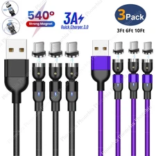 3 Pack 3A Magnetic USB Fast Charger Cable 540° Rotate Cord For iPhone 13 12 XR 8