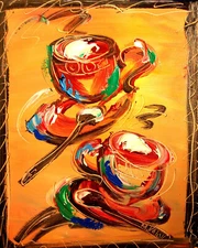 COFFEE CUPS MODERN PAINTING  IMPRESSIONIST CANVAS ORIGINAL OIL CANVAS HIEEEJ
