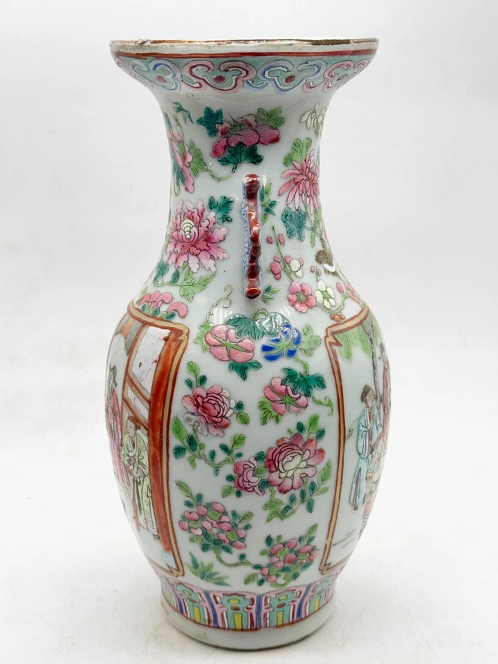 ANTIQUE  HAND PAINTED CHINESE VASE ORIENTAL DECORATIVE ART FLORAL SCENE - Image 4 of 4
