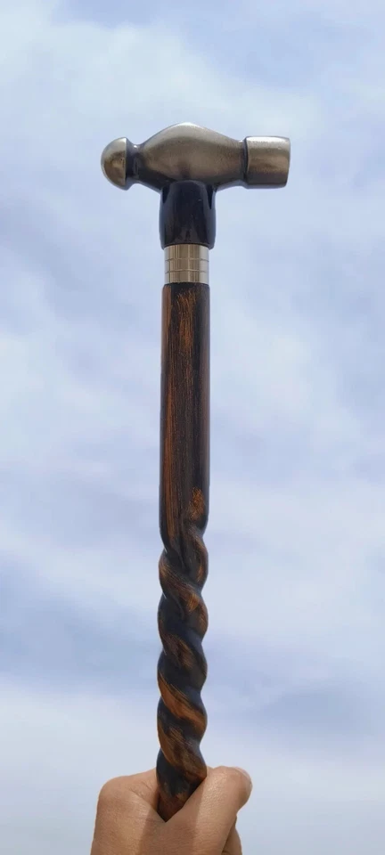 Nuevo Diseñador Martillo Cabeza Mango Victoriano Sprial Madera Bastón Regalo Foto 3 de 4