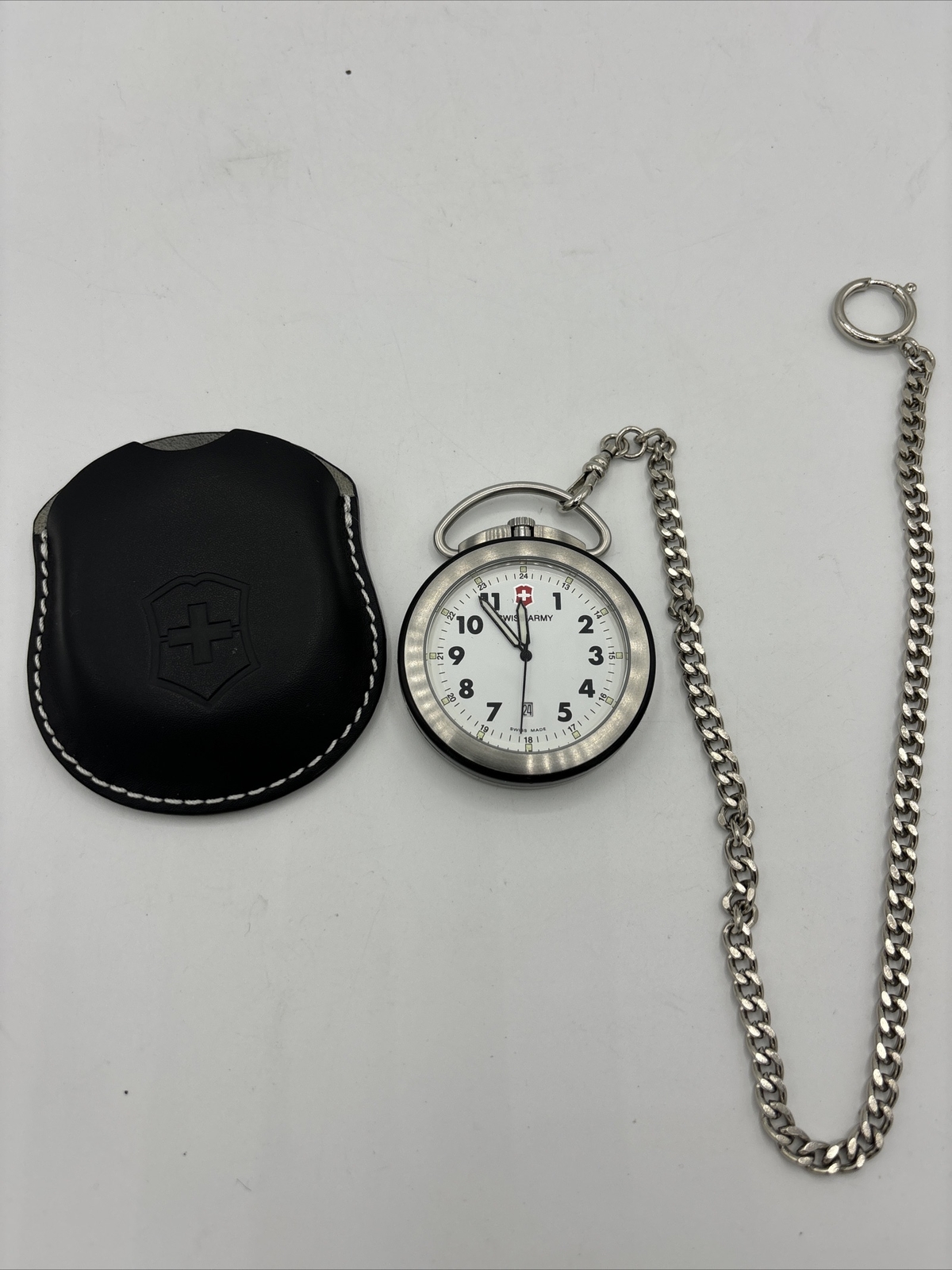 VICTORINOX Pocket Watch Open Face Swiss Chain Leather Bag New Battery