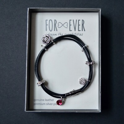 For Ever Genuine Leather Silver Plate Heart Wrap Bracelet New