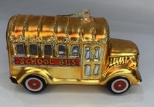 School Bus Blown Glass Christmas Tree Ornament Holiday Gold Glittered