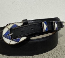 Native American Lapis/White Shell Sterling Silver Ranger Set Black Belt Sz 50