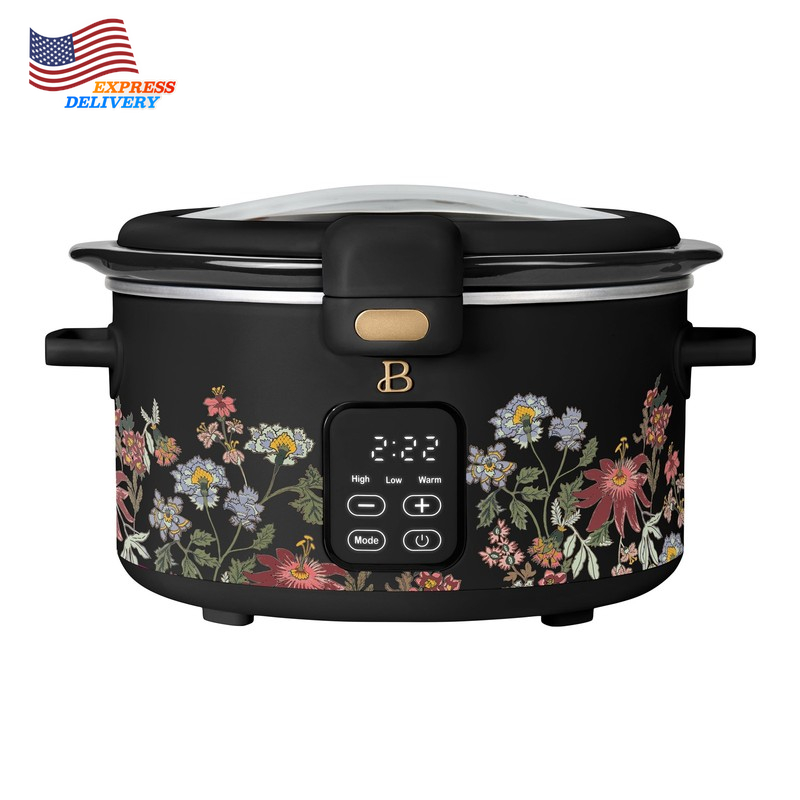 4 Qt Digital Slow Cooker W/Hinged Locking Lid Wildflower Black by Drew Barrymore