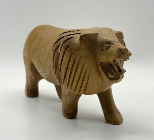 Hand Carved Wooden Lion Figurine Roaring Animal Ornament Wood