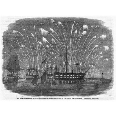 PLYMOUTH Peace Commemoration Feuerwerk über der Flotte, Krim - alter Druck 1856