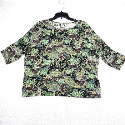Take Two Paisley Floral Top Women's 1X Green Brown Round Neck 3/4 Sleeve Sequins