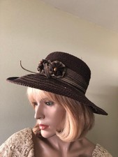 SCALA Collection Women's Brown Woven Natural Straw Beaded Sun Beach Hat. EUC