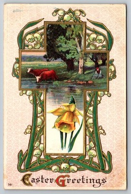 Easter Greetings, Cross, Cows, Daffodil, Green Stamp, Posted, Postcard