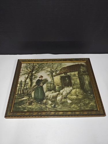 Stampa artistica vintage da appendere scena pastorale giovane donna pastore pecore in fattoria