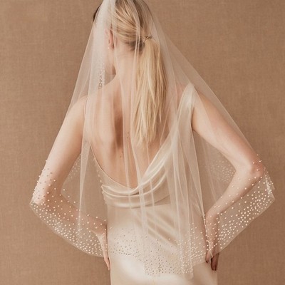 Pearl Beaded Bridal Veil Elegant Wedding Veil Elbow Floor Length Ivory White