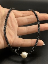 Black Spinel Cultured Freshwater Pearl Rhodium Over Sterling 925 Necklace 11mm