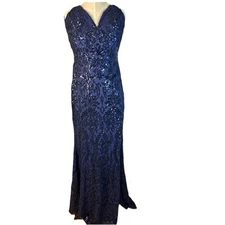 Windsor Navy Maxi Wedding Dress Sz Large Gown Evening Sequin Floral Party NWT