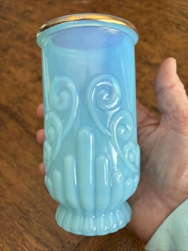 Vintage Avon Moonwind Opaline Blue Milk Glass Vase Bristol Blue Gold Trim