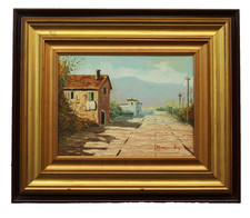 Dipinto olio su tela Paesaggio con strada di campagna e cascina